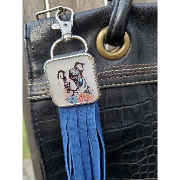 Handmade boho Pitbull lover Leather Fringe Western bag charm fringe keychain - Picture 2 of 4